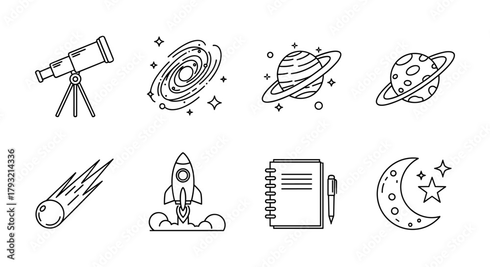 Fototapeta premium Celestial icons: telescope, galaxy, planets, and more in linear design