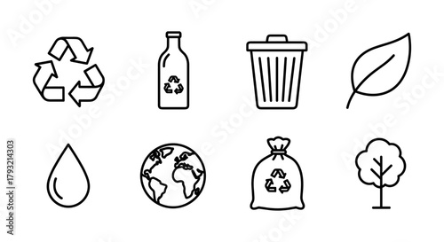 Eco-friendly line art icons: recycling, waste management, sustainability symbols