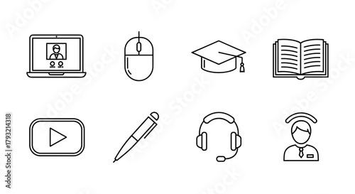 Online learning and education: icon set with minimalist line style