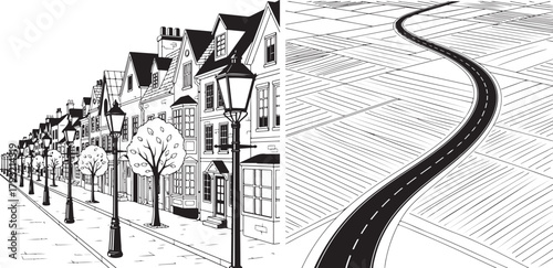 Detailed Monochrome Vector Illustration of Urban Street and Winding Country Road