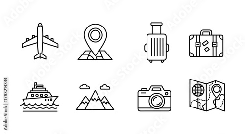 Travel icon set: airplane, suitcases, mountain, map, camera, ship in modern linear design