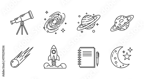 Celestial icons: telescope, galaxy, planets, and more in linear design