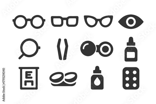 Eyewear and vision icons: glasses, eye, magnifier, contact lenses, eye chart, eye drops.