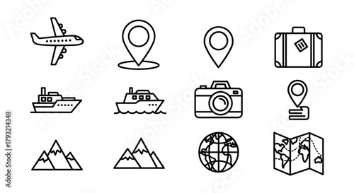 Travel icon set: airplane, ship, camera, globe, and map symbols in linear style