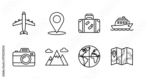 Travel and adventure icons: linear outline set featuring airplane, cruise, and map