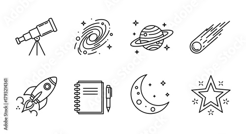 Minimalist space icons: telescope, galaxy, planet, comet, rocket, notebook, moon, star