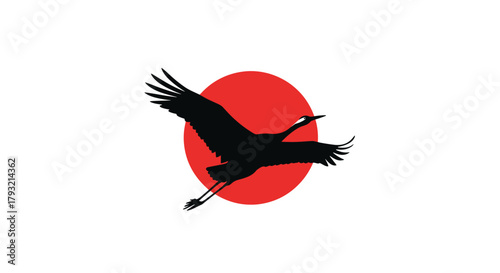Symbolic depiction of a flying crane over a red sun against a white background.