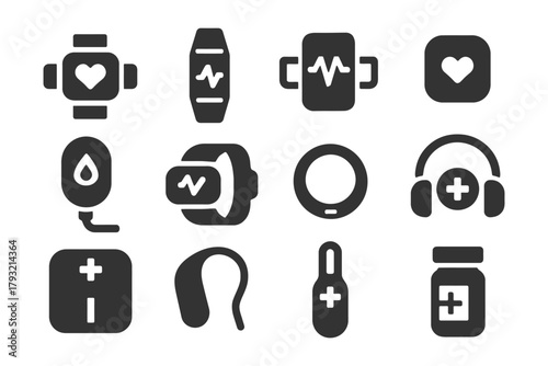 Set of health technology icons including heart monitor and fitness tracker symbols.