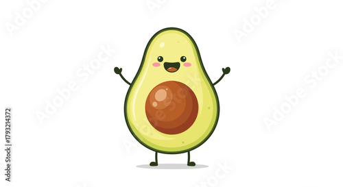 Cute smiling avocado with arms and legs waving hello.