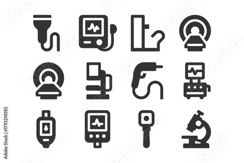 Medical equipment icons: ultrasound, mri, microscope, and monitor symbols.