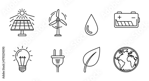 Sustainable energy icons: solar, wind, battery, water, eco-friendly power symbols in linear style