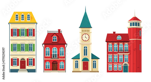 Colorful collection of European style buildings and a clock tower in a row.