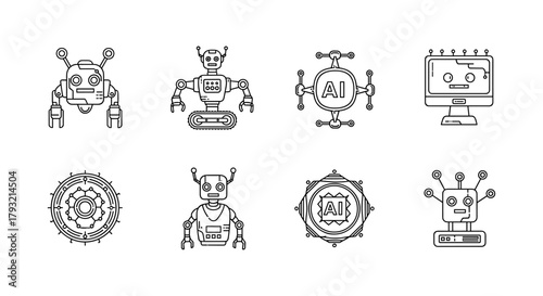 Linear robot icons featuring ai bots with minimalist design