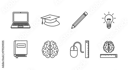 Education icons set: technology, learning, and innovation in simple outline style
