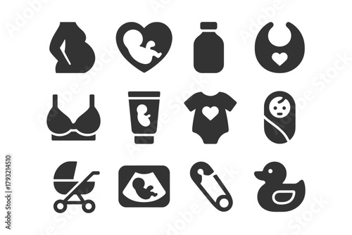 Baby and pregnancy icons set including stroller bib ultrasound bottle.