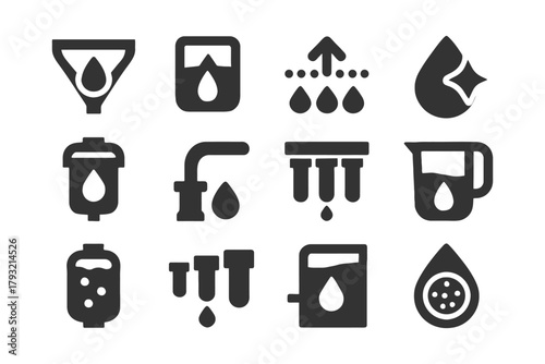 Set of water filtration and purification icons: various methods and devices depicted.