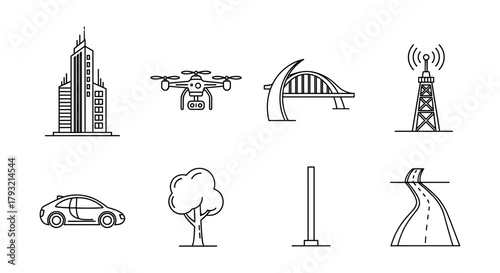 City infrastructure and technology icons in modern linear style