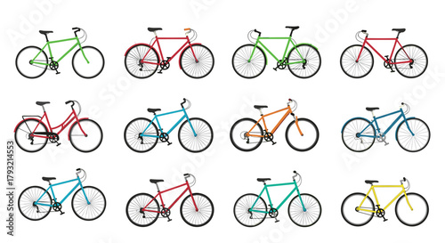 A collection of colorful bicycles in various models and styles displayed in a grid formation.