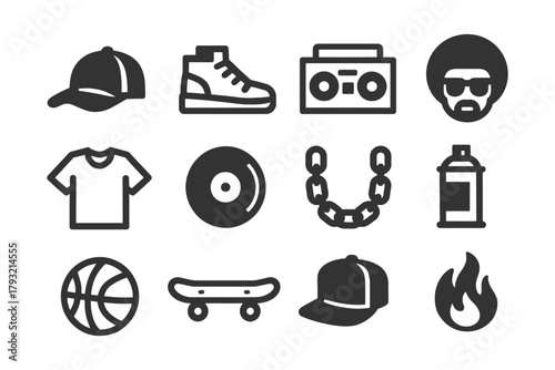 Collection of hip hop icons: cap, sneakers, boombox, dj, chain, graffiti spray, basketball, skateboard, cap, fire.