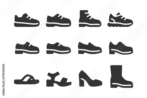 Various footwear icons: sneakers, boots, sandals, heels, flats.