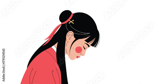 A young girl with dark hair tied up in a bun bows her head gently.