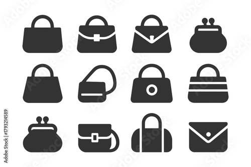 Set of stylish handbag icons in various designs and shapes.