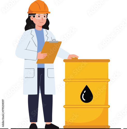 Female engineer inspecting oil barrel with clipboard in safety helmet and lab coat vector illustration 