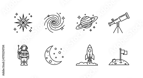 Space icons set: astronaut, moon, rocket, and telescope in modern linear style