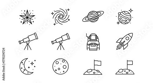 Space exploration icons: telescopes, astronaut, and planets in linear style