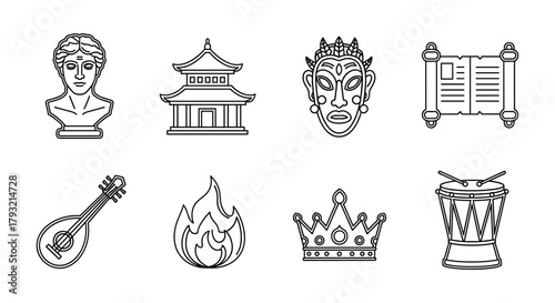 Cultural line art icons: ancient architecture, music, and artifacts