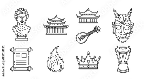 Line art icons of cultural symbols featuring buildings, instruments, and masks