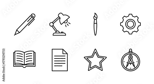 Creative design icons: art tools, gear, and education line art set