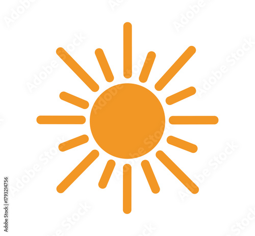 Bright sun icon in minimalist style with radiant orange rays