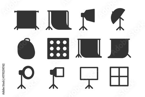 Photography equipment silhouettes: backdrops, lighting, and accessories.