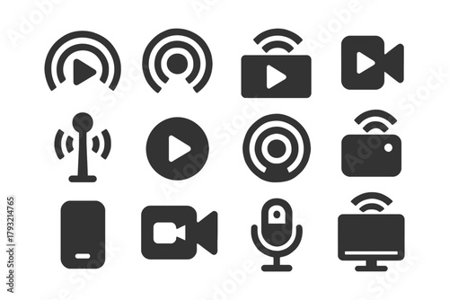 Media icons set: play, broadcast, camera, microphone, video, tv streaming symbols.