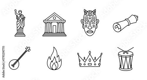 Linear icon set: statue, temple, mask, scroll, instrument, fire, crown, drum