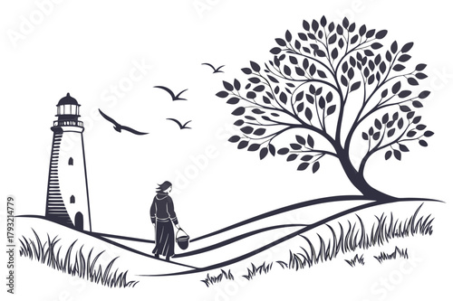 Deer/Antelope Silhouette and Bare Tree Vector - Blue Duotone Landscape