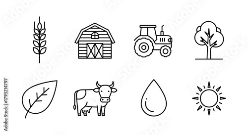 Minimalist farm icons: agriculture, nature, harvesting line art collection