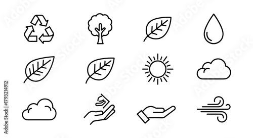 Minimalist eco-friendly icons featuring nature and sustainability symbols