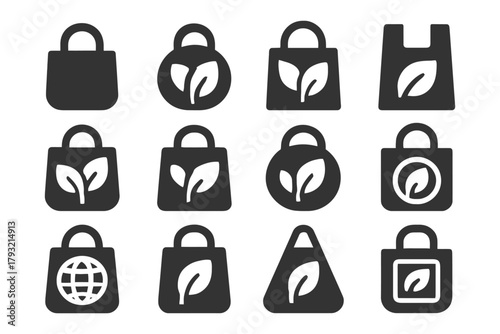 Eco-friendly bag icons featuring leaf motifs for sustainable shopping.