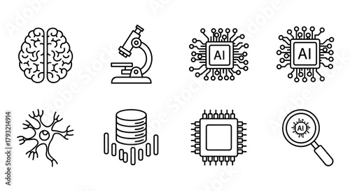 Futuristic technology icons with ai, brain, and science elements in linear style