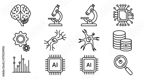 Linear science and technology icons: brain, microscope, ai, chip, data, cells