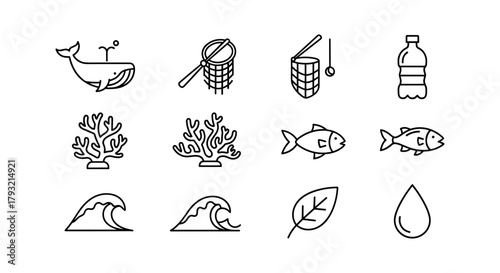 Ocean conservation icons: marine life, pollution, and sustainability in line art