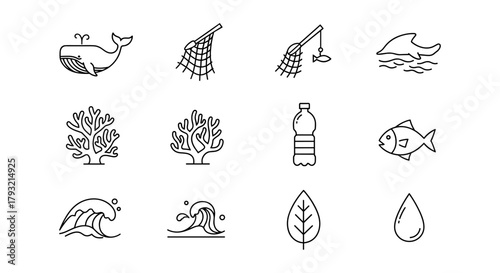 Linear marine icons collection: wildlife, conservation, and ocean elements