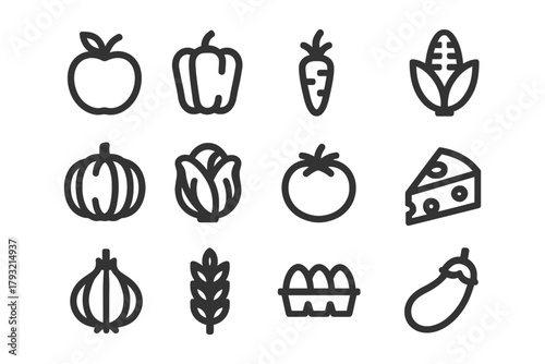 Vector icons of fruits vegetables and food products.