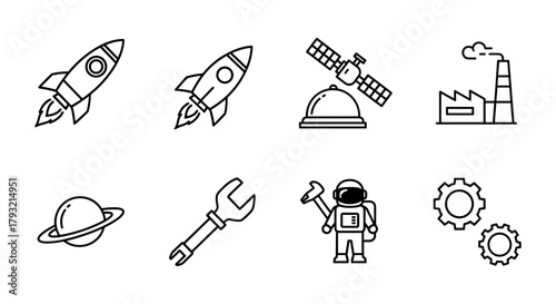 Space exploration icons: rockets, satellites, astronauts, and industry symbols in outline style