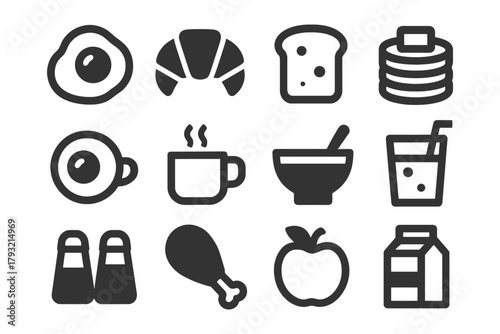 Breakfast icons: coffee, pastry, eggs, toast, and juice in simple black and white design.