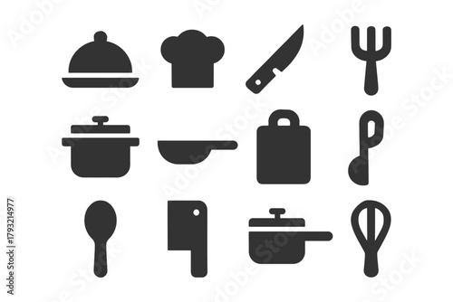 Black silhouette kitchen utensils set with pot, knife, and whisk icons.