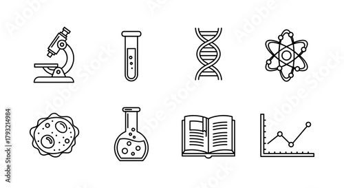 Science and education icon set featuring microscopes, dna, and lab equipment in linear style