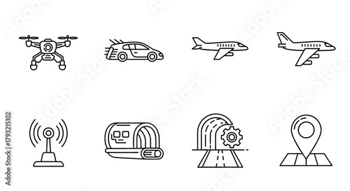 Transportation and technology icons set featuring modern vehicles and infrastructure
